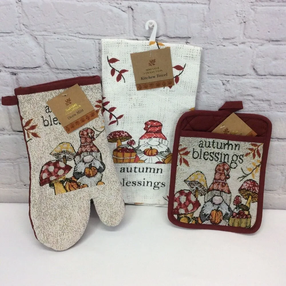 “Autumn Blessings” Gnomes 3 Piece Kitchen Set Dish Towel-Oven Mitt-Pot Holder